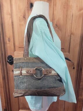 Mona B Leather and Recycled Waxed Canvas & Leather Shoulder Bag